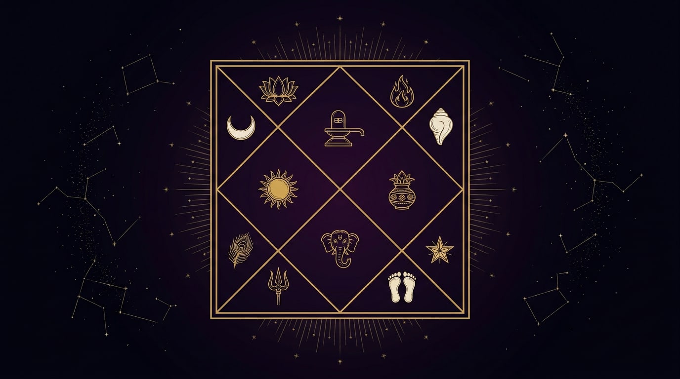 A gold line illustration of a twelve house Vedic Kundli chart divided into numbered bhava segments on a dark celestial background
