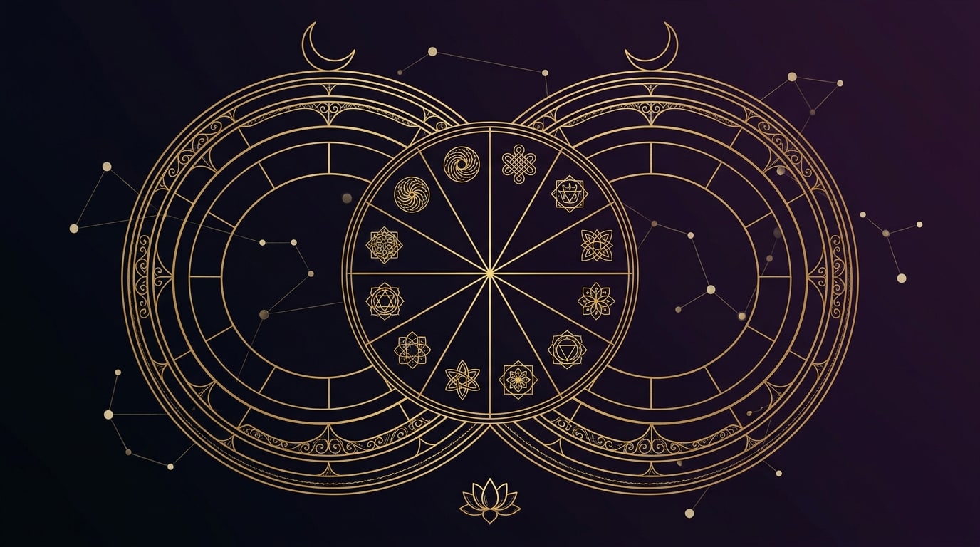 Two interlocking gold Rashi Chakra rings sharing a segmented central wheel of Jyotish motifs, illustrating Guna Milan Kundli matching, on a dark celestial background