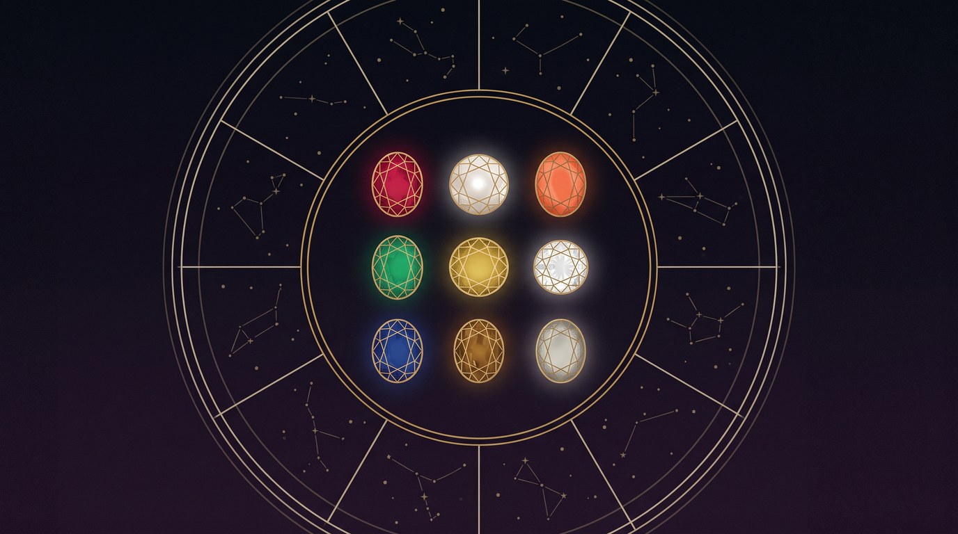Nine Navratna gemstones drawn in antique gold linework inside a Rashi Chakra ring on a dark celestial background