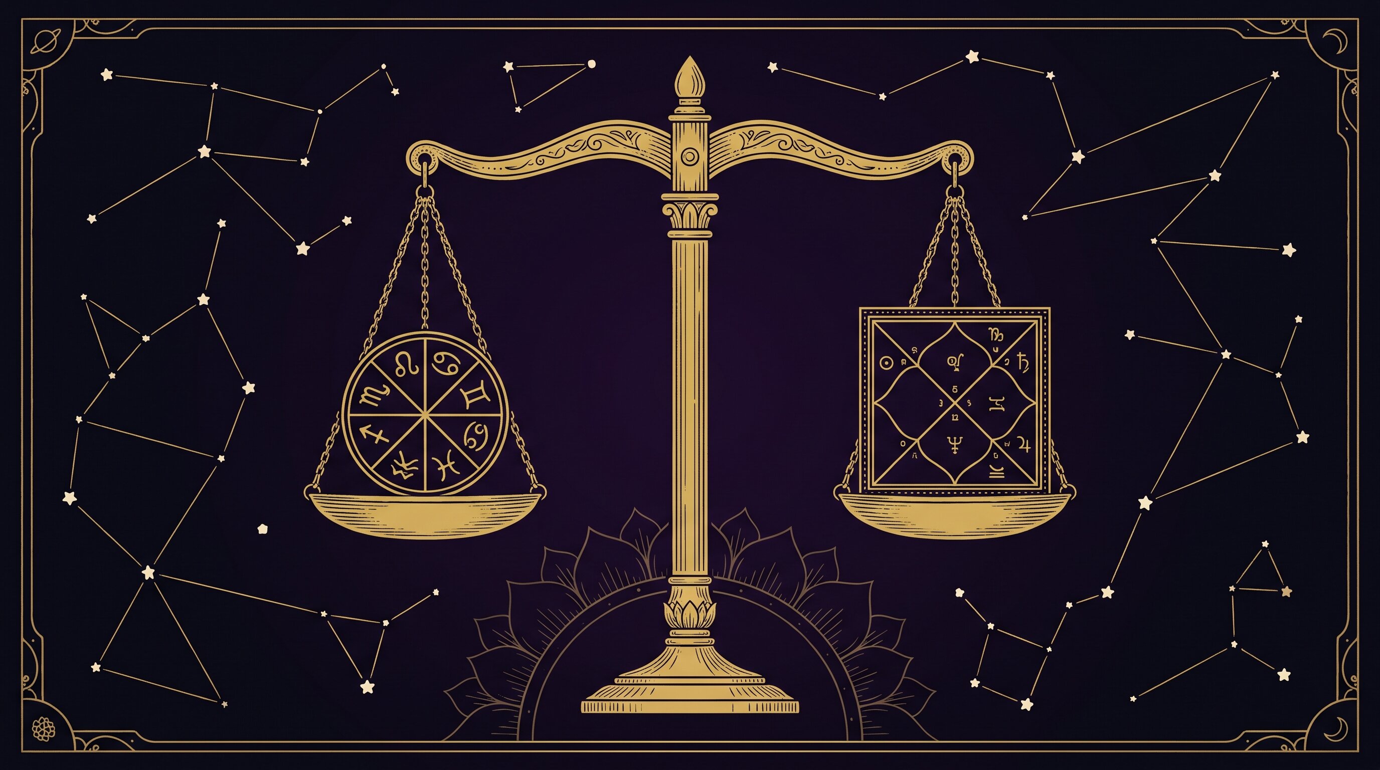 A gold line engraving of an antique balance scale weighing a segmented Jyotish wheel against a square North Indian Kundli chart, illustrating Guna Milan scoring for marriage, on a dark celestial background