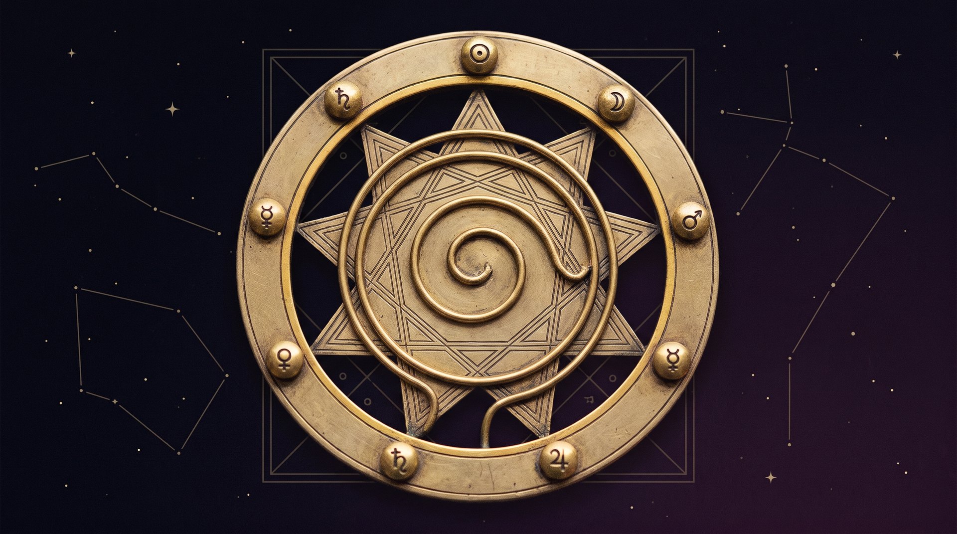 An antique gold ring set with nine planetary emblems around a spiral path, illustrating the nine Bhagyank destiny numbers of Vedic numerology, on a dark celestial background