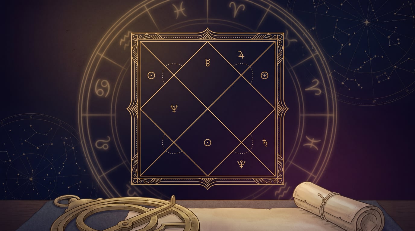 A gold line drawing of a North Indian style Kundli birth chart with planetary marks, an astrolabe and a manuscript scroll on a dark celestial background