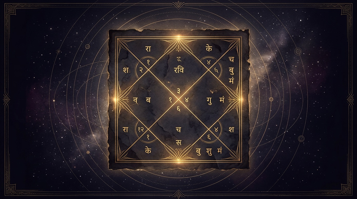 A North Indian style Kundli birth chart drawn as a gold diamond grid of twelve houses on a dark celestial background