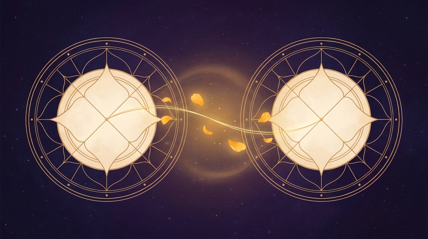 Two interlinked golden Kundli birth charts joined by a luminous thread with marigold petals, on a dark celestial background