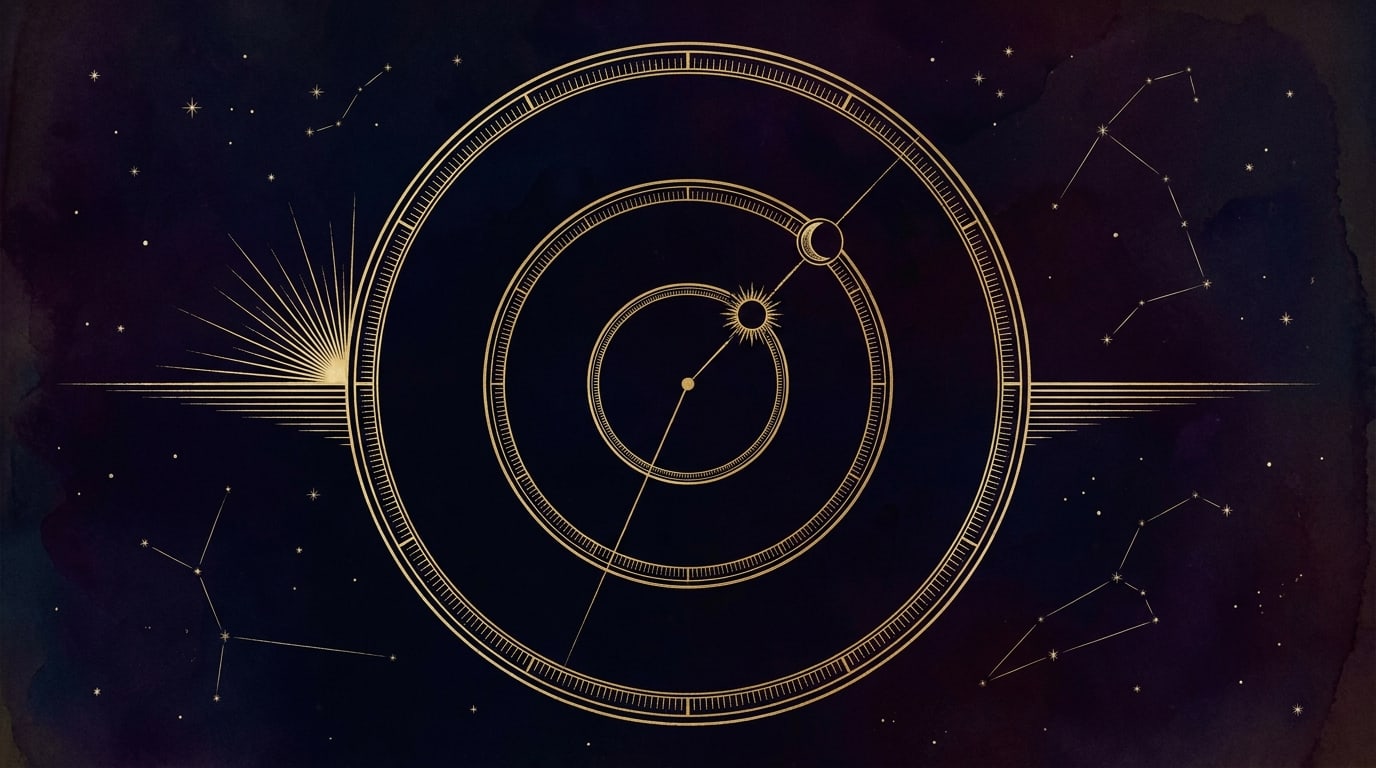 A gold line illustration of three concentric zodiac rings marking the rising sign on the horizon, the Moon sign and the Sun sign, on a dark celestial background