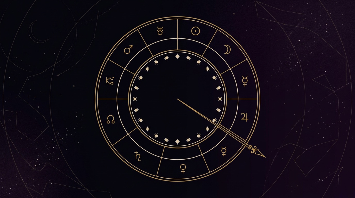 A gold Vimshottari Dasha wheel marked with the nine graha symbols and a pointer sweeping through the periods, on a dark celestial background