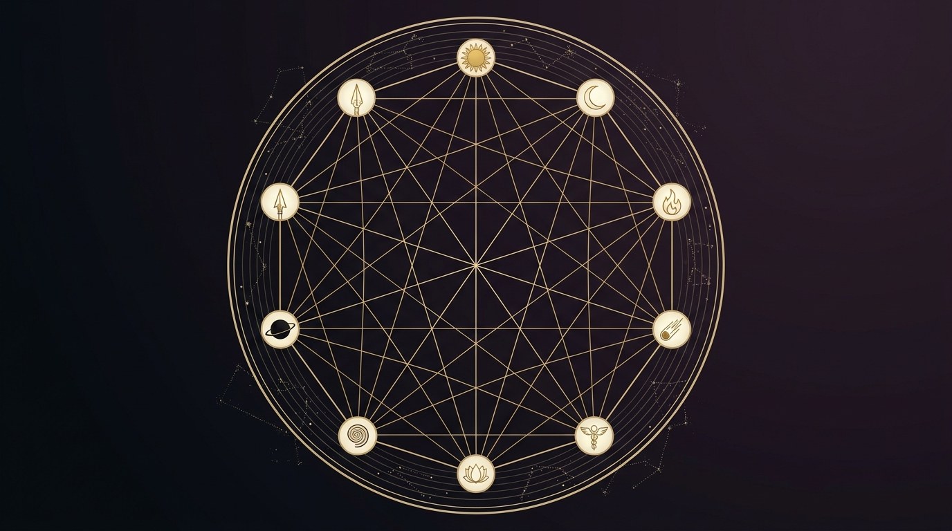 A gold geometric web linking planetary emblems inside a circle, illustrating the grahas behind the Mulank birth numbers of Vedic numerology, on a dark celestial background