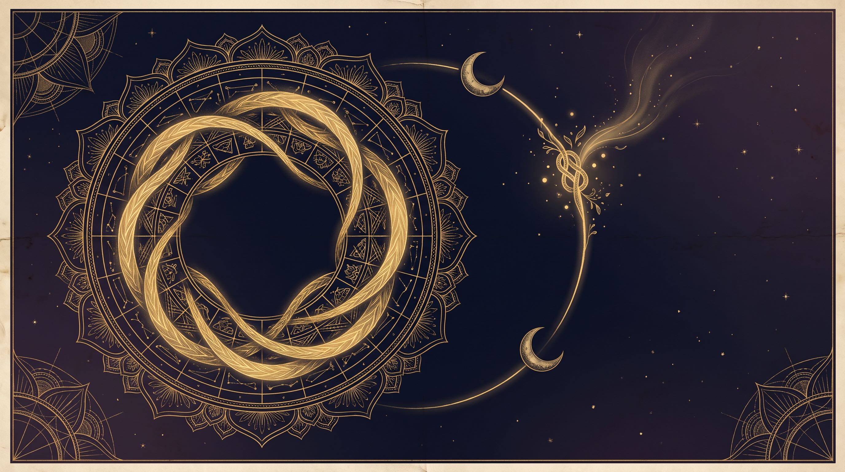 A gold line engraving of a Rashi Chakra ring wrapped by three braided golden currents for the three Nadis, beside two crescent moons joined by an arc whose knot is coming undone, illustrating Nadi and Bhakoot dosha cancellation, on a dark celestial background