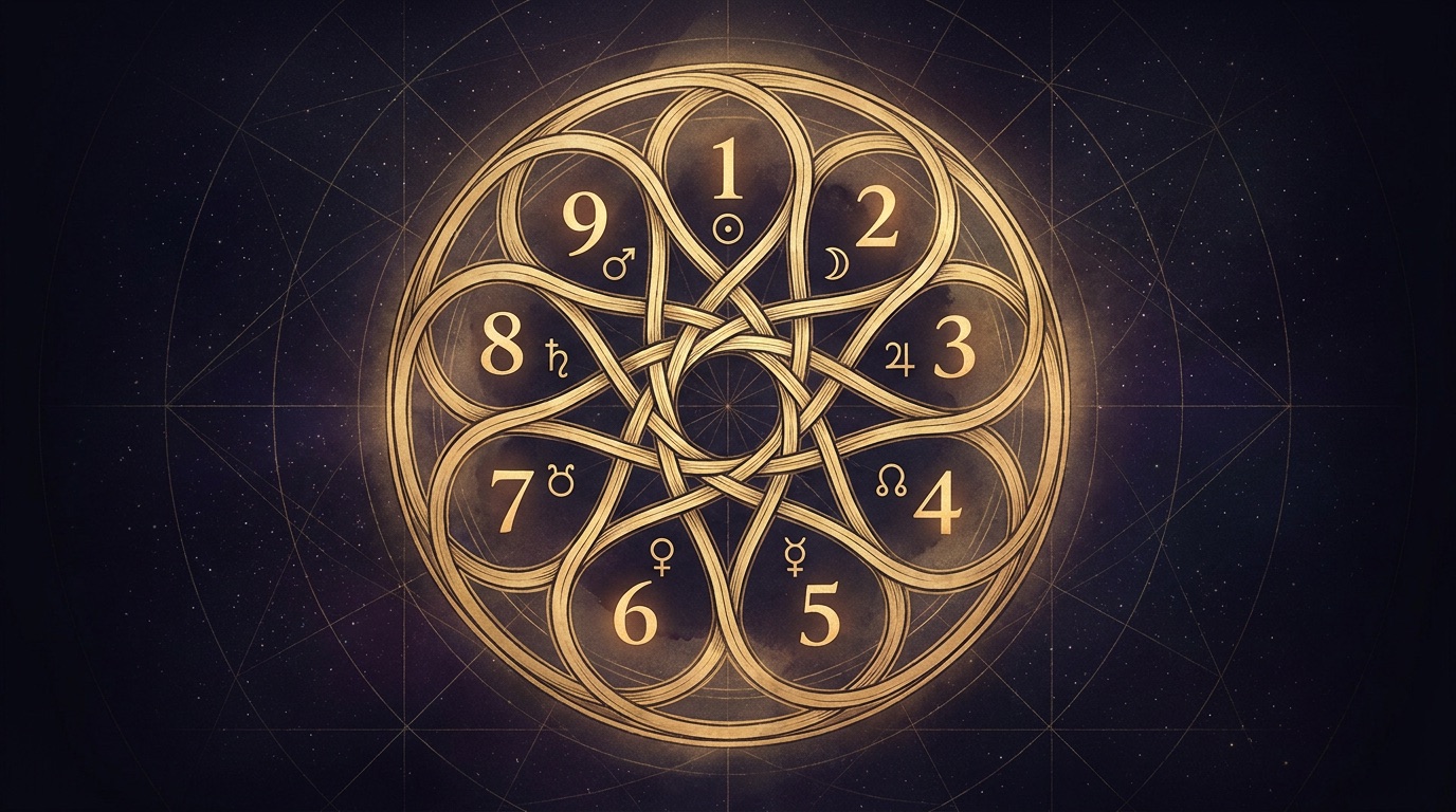 A gold yantra mandala of the numerals 1 to 9, each paired with a planetary glyph, on a dark celestial background