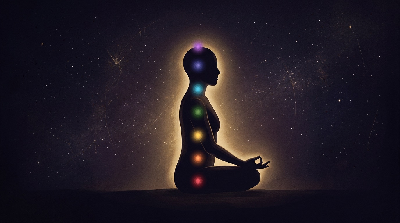 A meditating figure in silhouette with seven softly glowing chakra points along the spine and a gold aura, on a dark celestial background