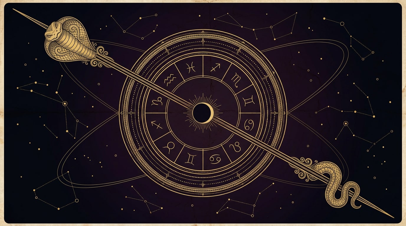 A gold line illustration of a serpent's head and tail forming an axis across a Rashi Chakra ring with two crossing orbital paths, on a dark celestial background