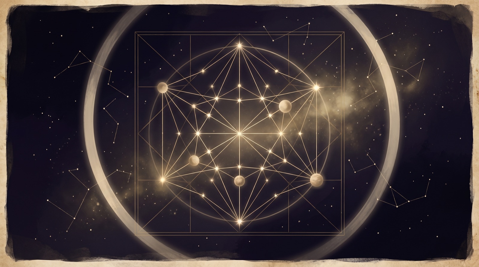 A golden North Indian Kundli chart with planets joined by luminous lines on a dark celestial background, illustrating Raj Yoga and Gaj Kesari yogas