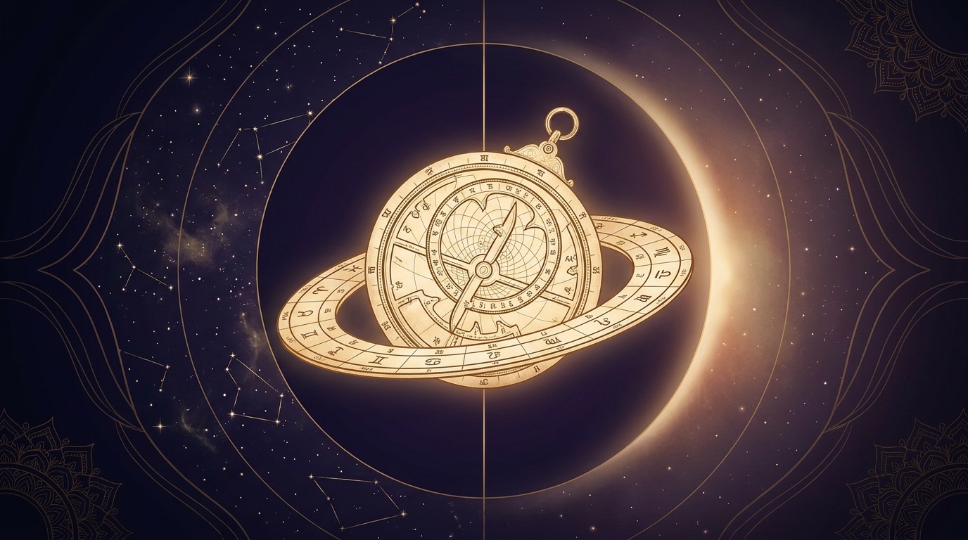 A brass Jyotish astrolabe and Rashi Chakra ring over a split night sky, sidereal stars on one side and a solar arc on the other