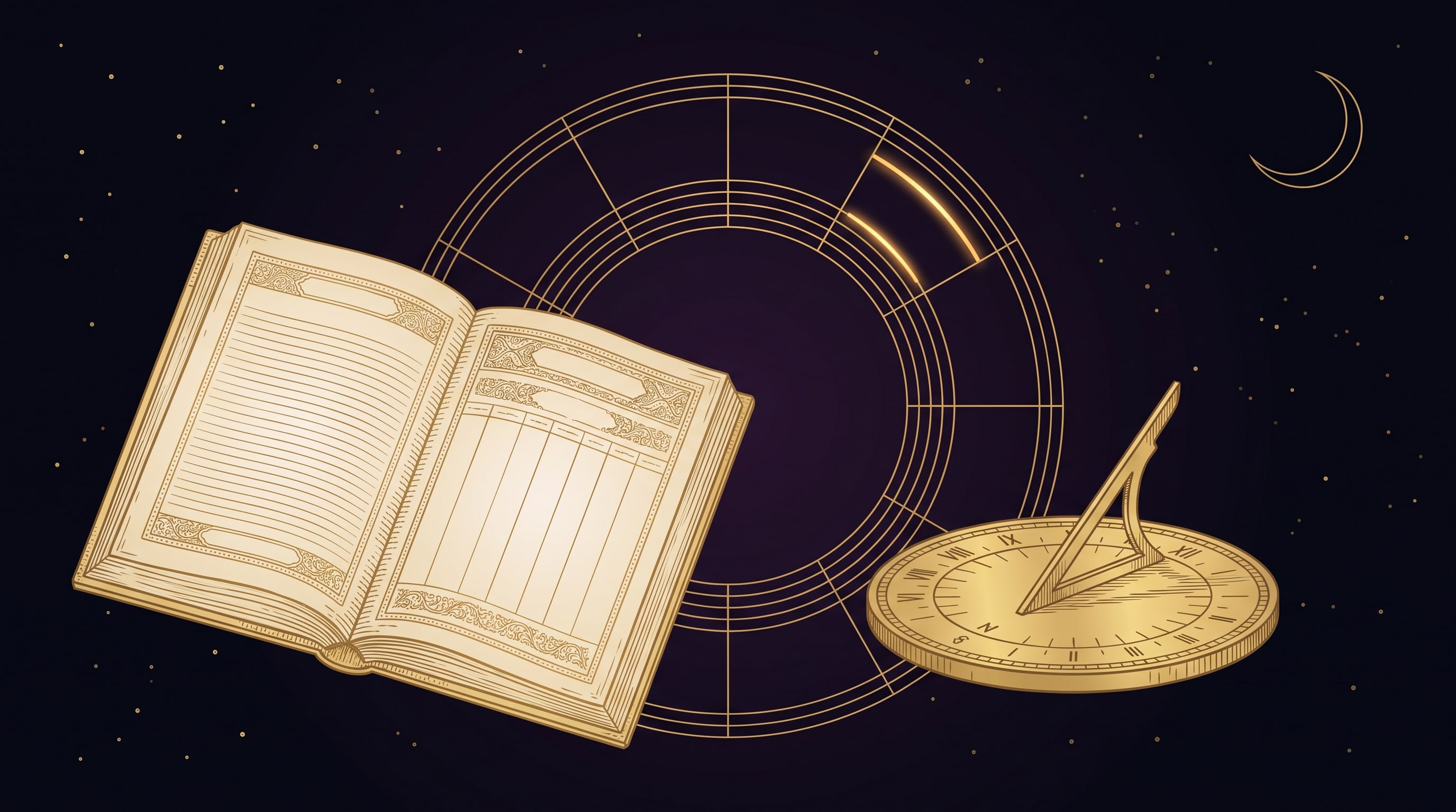 A gold line illustration of a Panchang page, a sundial and a Rashi Chakra ring marking an auspicious muhurat window, on a dark celestial background