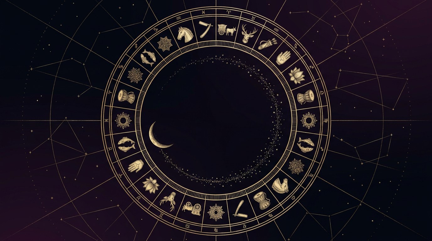 A gold line illustration of a circular Vedic zodiac ring divided into the 27 nakshatras with a crescent moon tracing its path on a dark celestial background