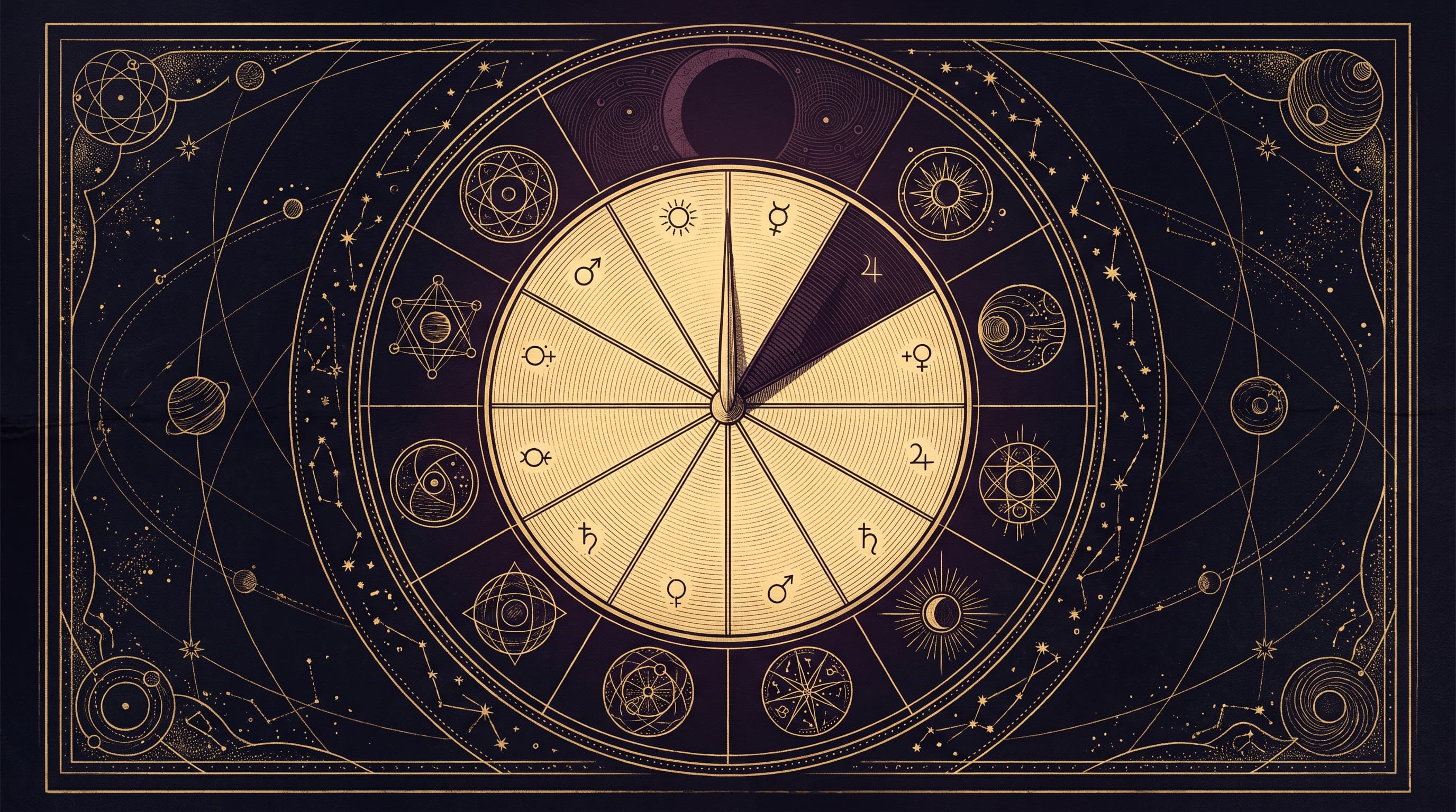 A gold line illustration of a sundial whose gnomon casts a shadow across one segment of a Panchang dial, marking the Rahu Kaal window, on a dark celestial background