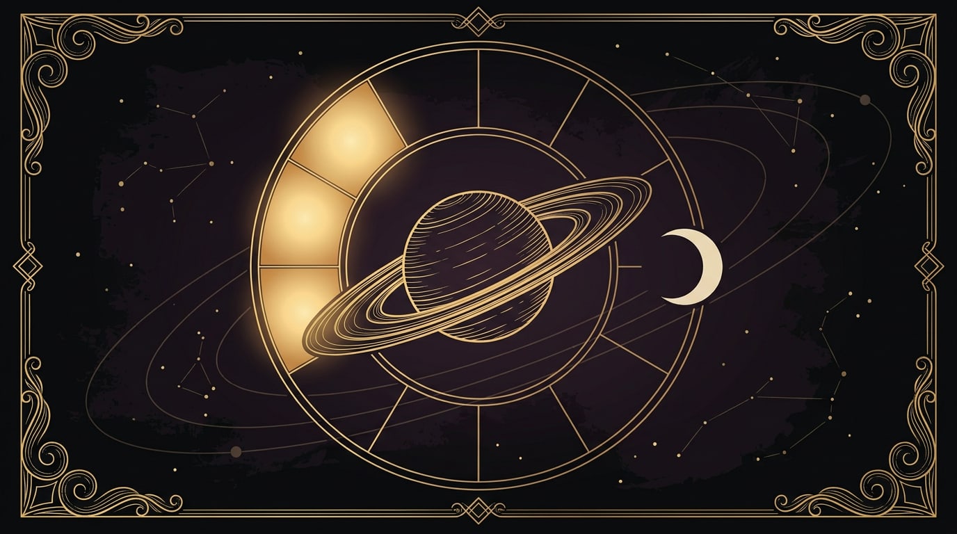 A gold line illustration of Saturn with its rings passing across three segments of a Rashi Chakra beside a crescent moon, on a dark celestial background