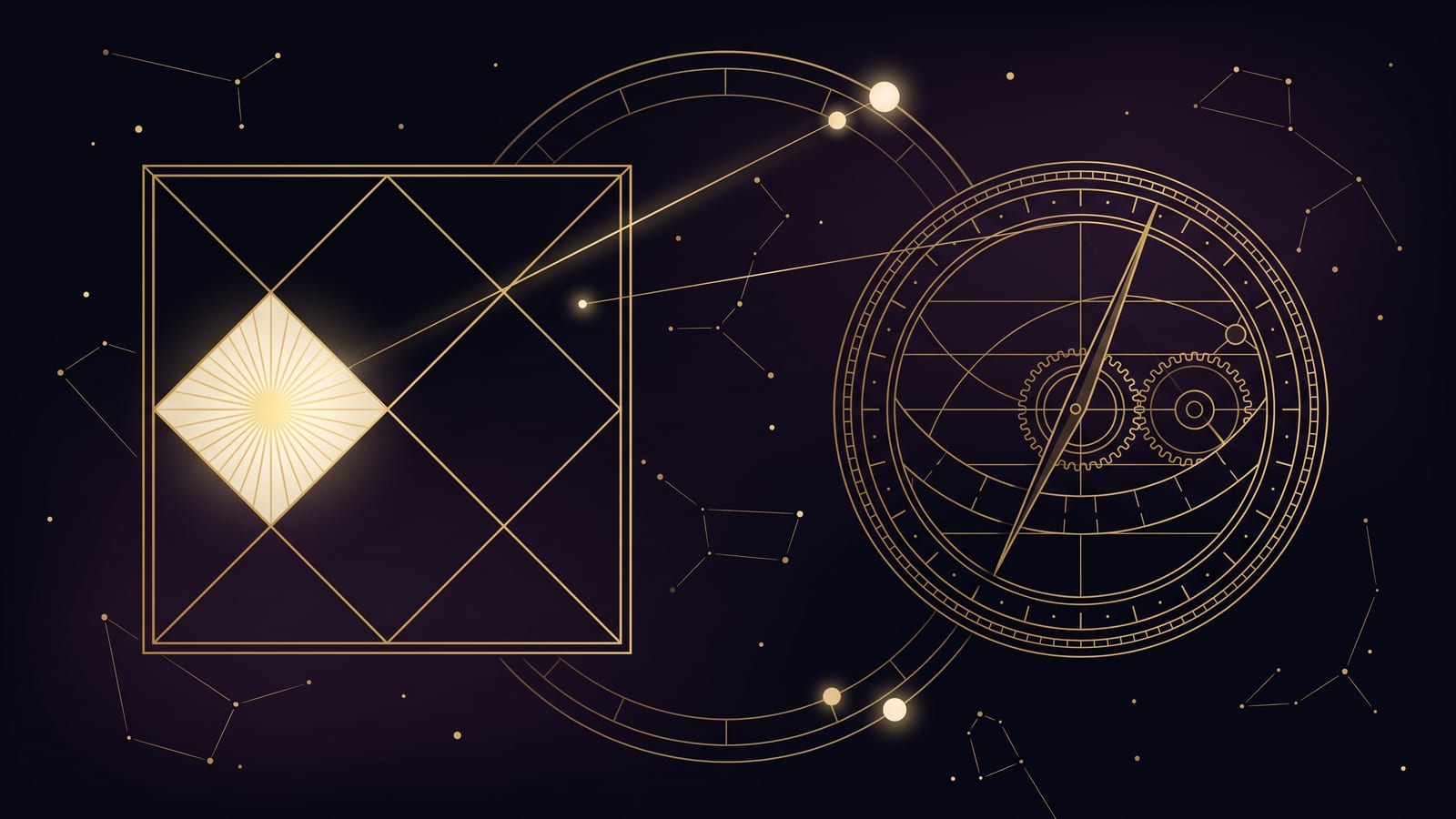 Gold line illustration of a Vedic Kundli chart with one house lit beside an antique astronomical dial, representing marriage timing in a Kundli, on a dark celestial background